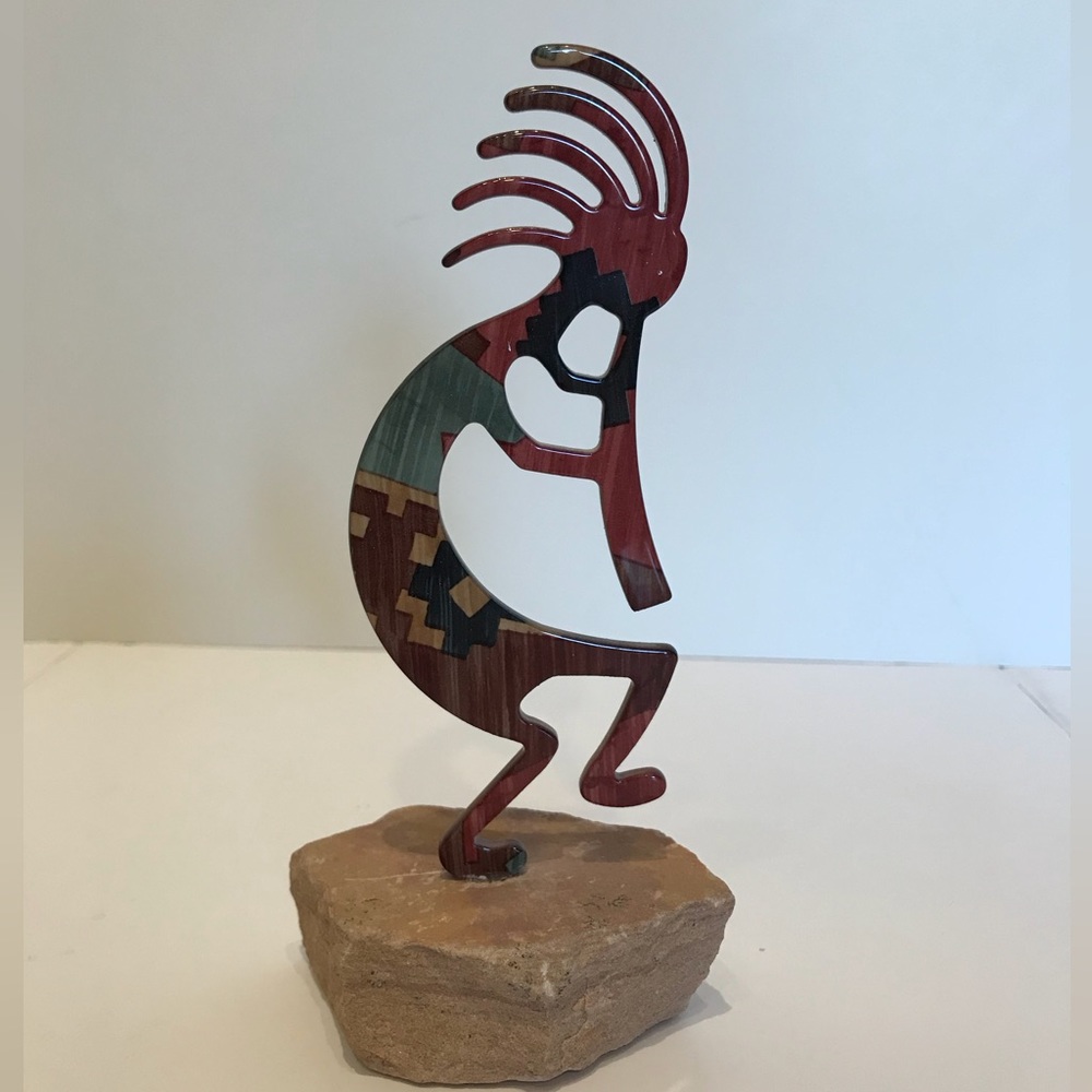 LAZART DANCING KOKOPELLI METAL ART STATUE ON SANDSTONE BASE 7”